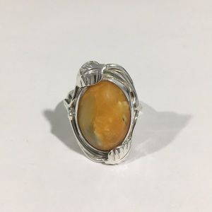 Vintage Sterling Silver Leaf 🍃 Ring Orange Stone